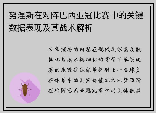 努涅斯在对阵巴西亚冠比赛中的关键数据表现及其战术解析 努涅斯在对阵巴西亚冠比赛中的关键数据表现及其战术解析