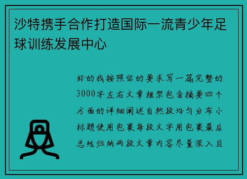 沙特携手合作打造国际一流青少年足球训练发展中心 沙特携手合作打造国际一流青少年足球训练发展中心